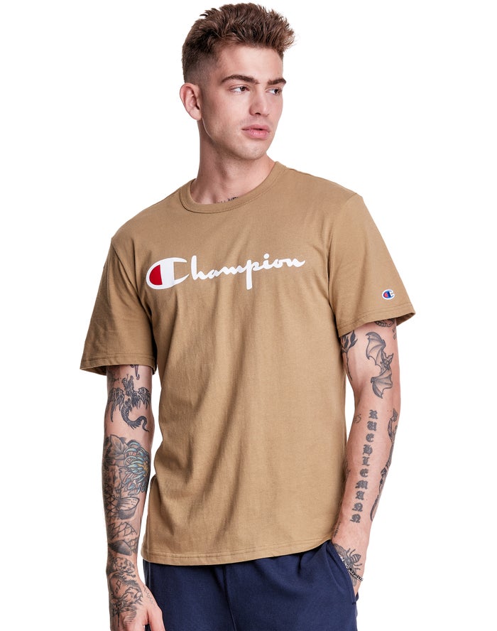 Champion Herre T-Shirts Khaki - Lightweight Script Logo - Danmark YMK-209587